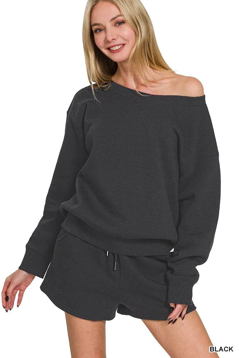 Zenana Fleece Boat Neck Sweatshirt and Shorts Set - ELY VESSA LLC