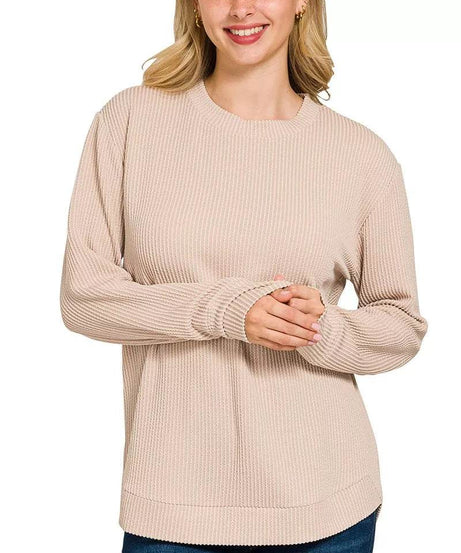 Zenana Full Size Raised Rib Round Neck Long Sleeve Top Plus Size - ELY VESSA LLC