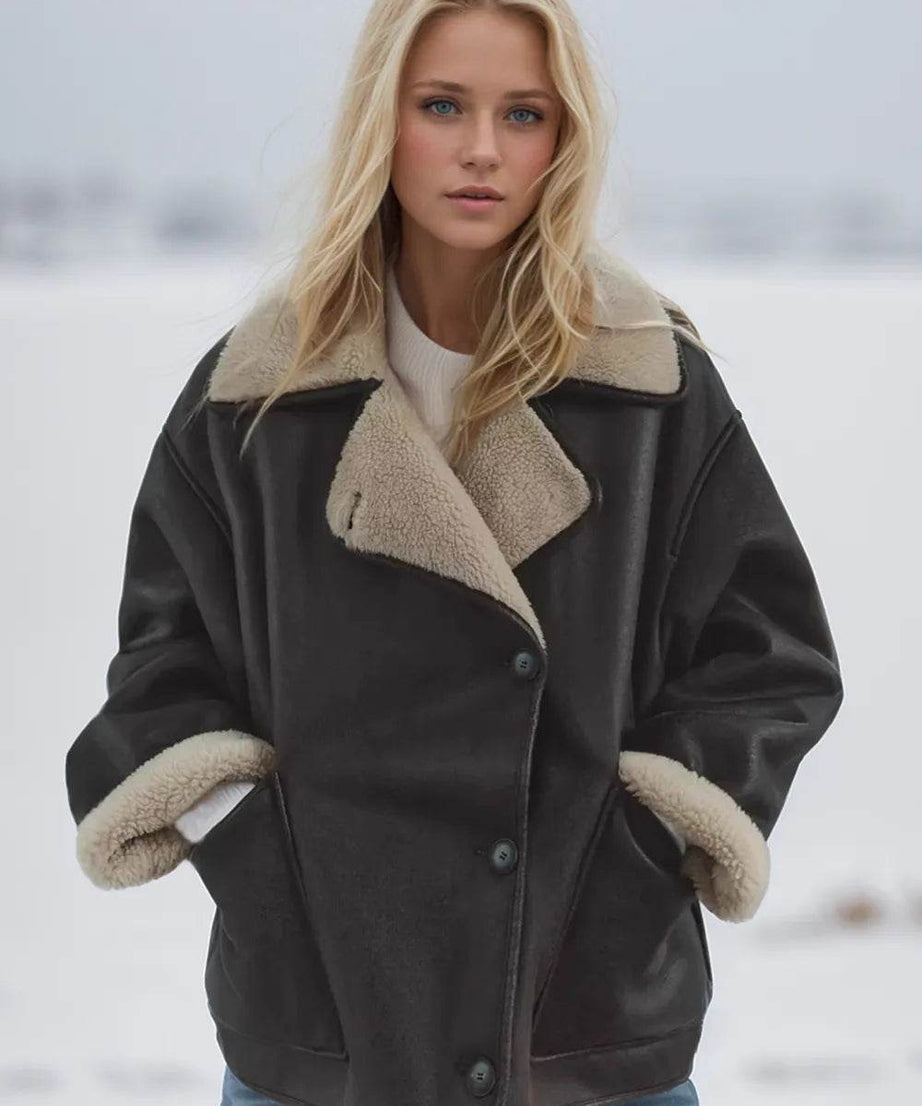 Collared Neck Long Sleeve Plush Jacket - ELY VESSA LLC