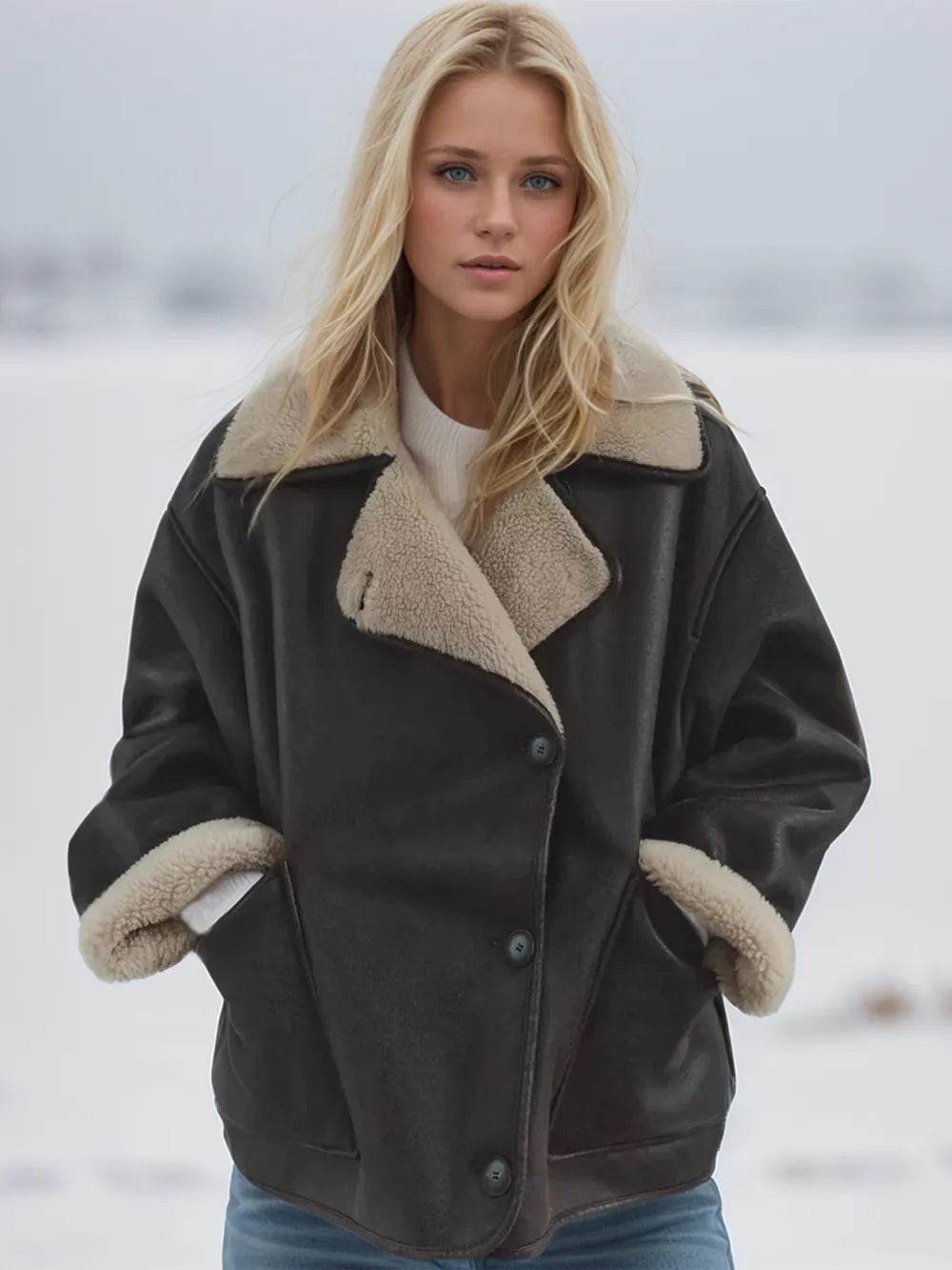 Collared Neck Long Sleeve Plush Jacket - ELY VESSA LLC