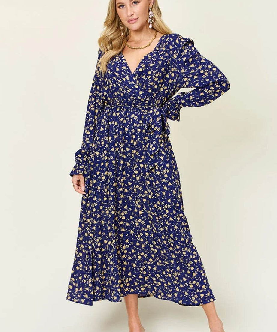Double Take Full Size Tie Back Flounce Sleeve Dress - ELY VESSA LLC