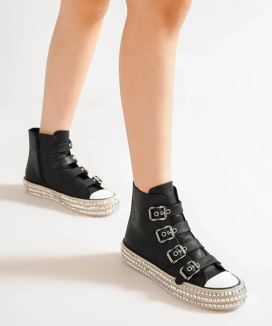 Beast Fashion Multi-Buckle Straps Studded Platform Sneakers - ELY VESSA LLC