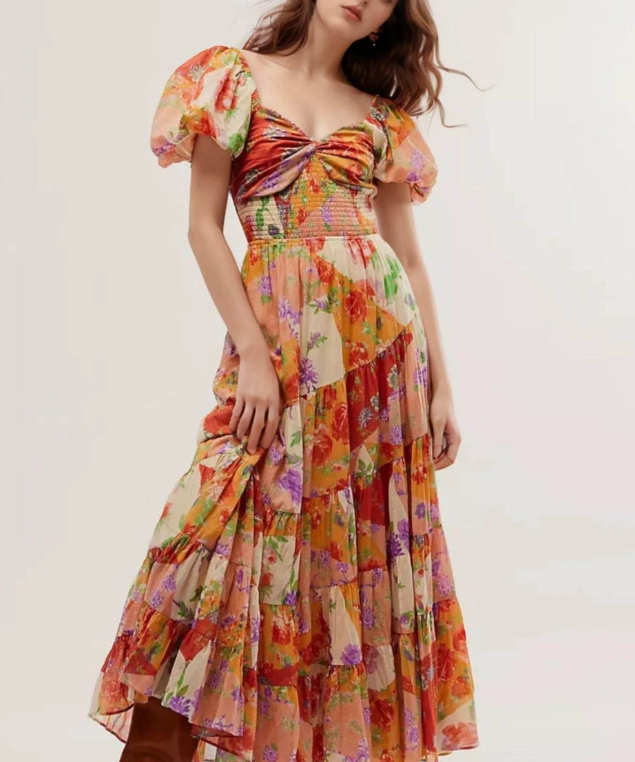 Printed Sweetheart Neck Puff Sleeve Maxi Dress - ELY VESSA LLC