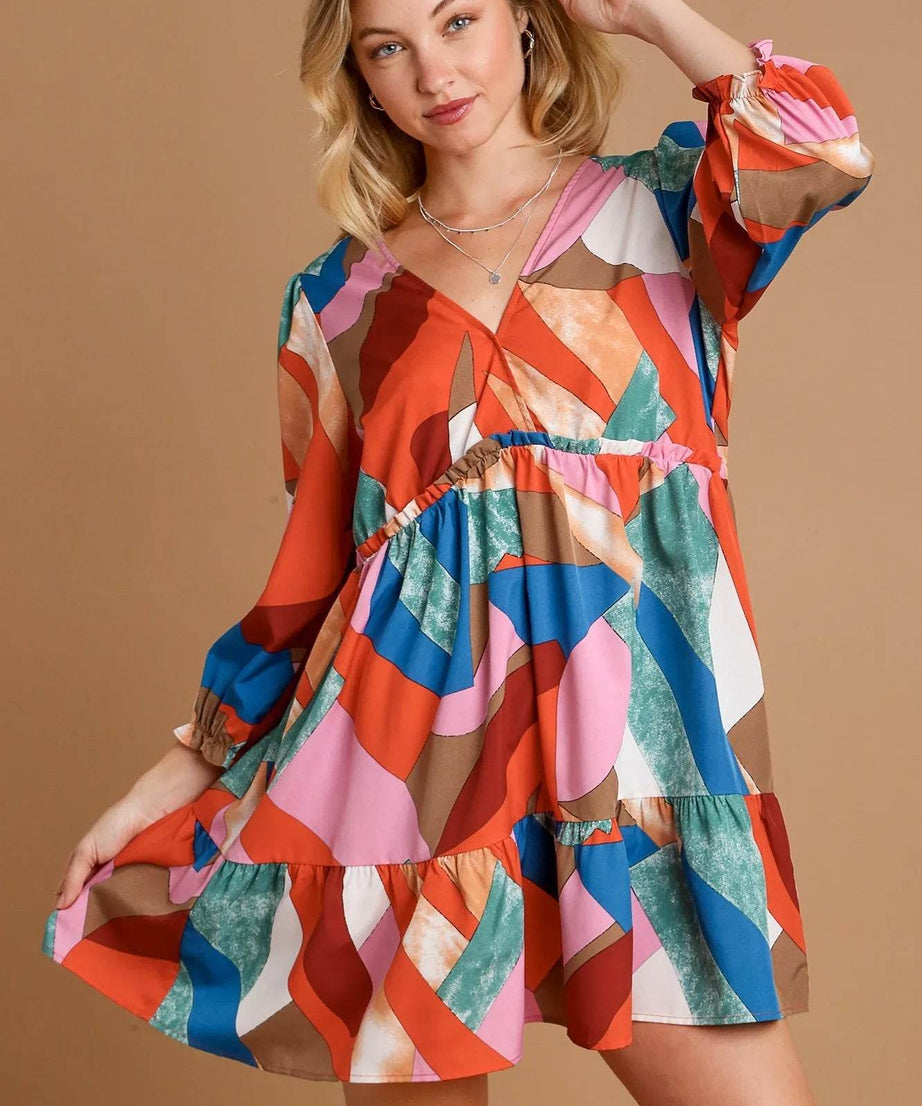 Umgee Abstract V-Neck Tiered Printed Dress - ELY VESSA LLC