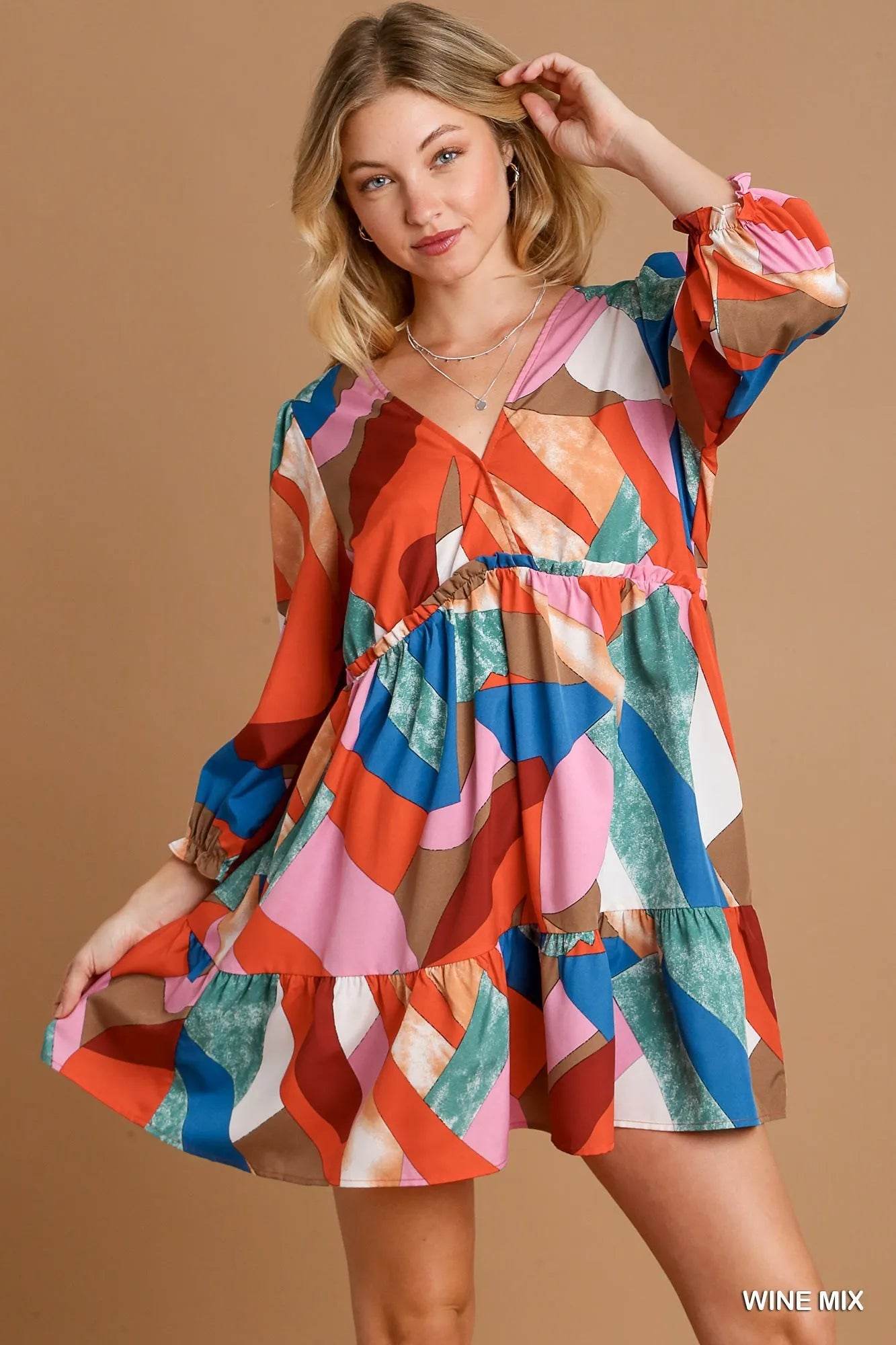 Umgee Abstract V-Neck Tiered Printed Dress - ELY VESSA LLC