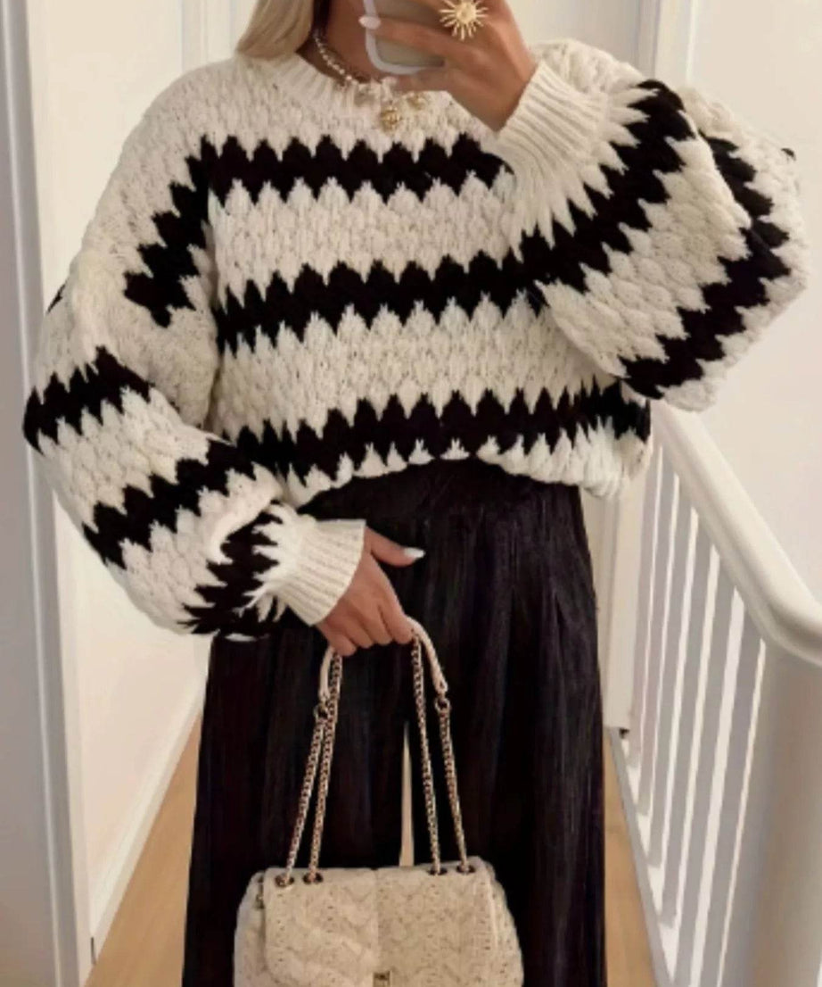 Striped Round Neck Dropped Shoulder Sweater - ELY VESSA LLC