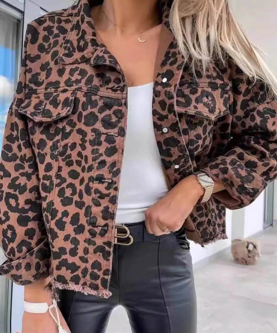Leopard Print Raw Hem Denim Jacket - ELY VESSA LLC