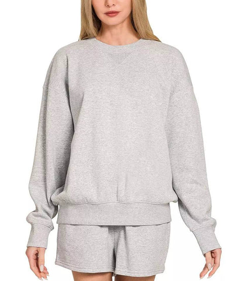 Zenana Fleece Long Sleeve Sweatshirts & Shorts Set - ELY VESSA LLC