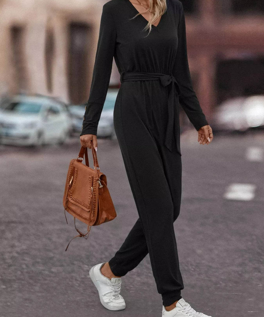 V-Neck Long Sleeve Tie Waist Jumpsuit - ELY VESSA LLC