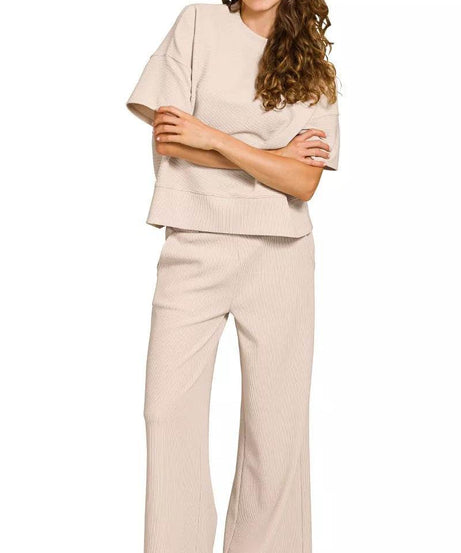 Zenana Ribbed Round Neck Tee & Pants Set - ELY VESSA LLC