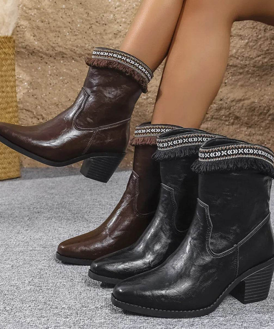 Western Embroidered Trim Boots with Block Heel - ELY VESSA LLC