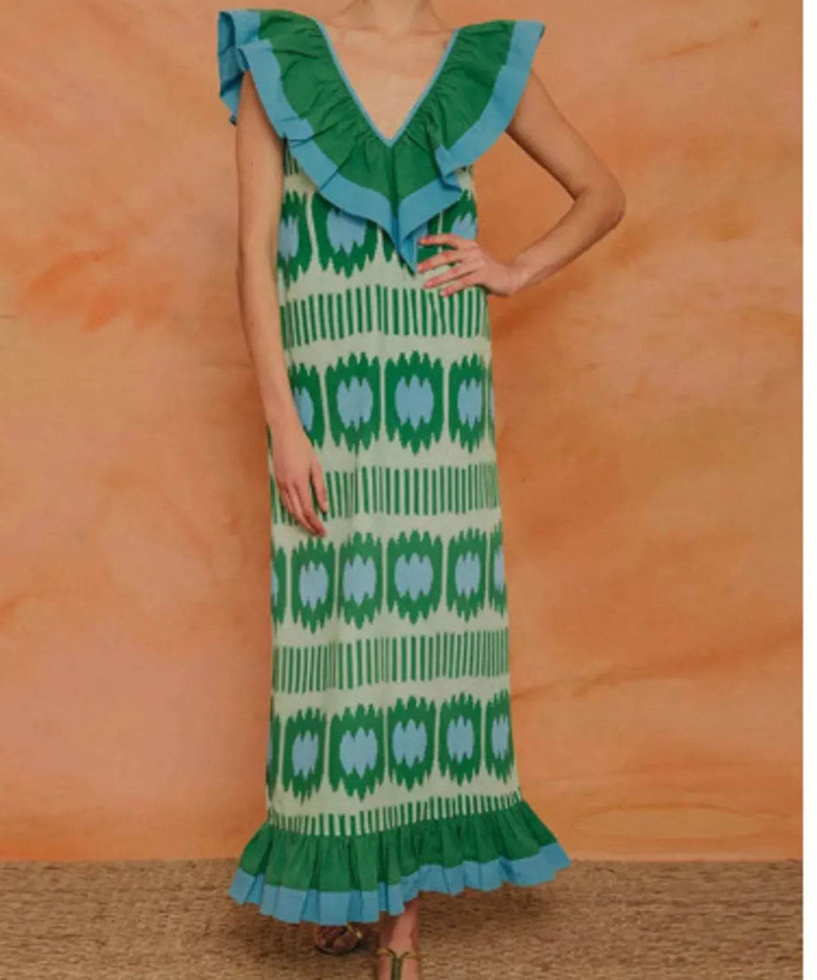 Ruffled V-Neck Printed Maxi Dress - ELY VESSA LLC