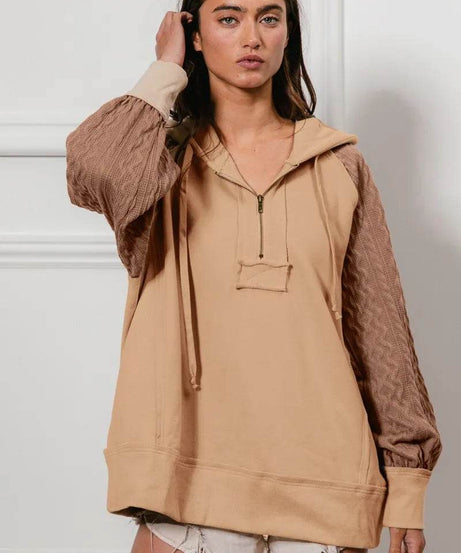 BiBi Half Zip French Terry Hoodie with Kint Sleeves - ELY VESSA LLC