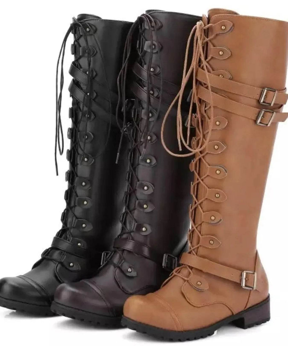 Lace-Up Boots with Buckle Straps - ELY VESSA LLC