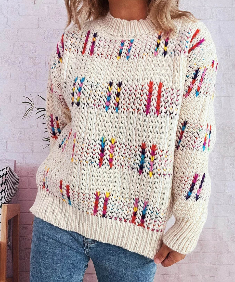 Colorful Round Neck Long Sleeve Sweater - ELY VESSA LLC