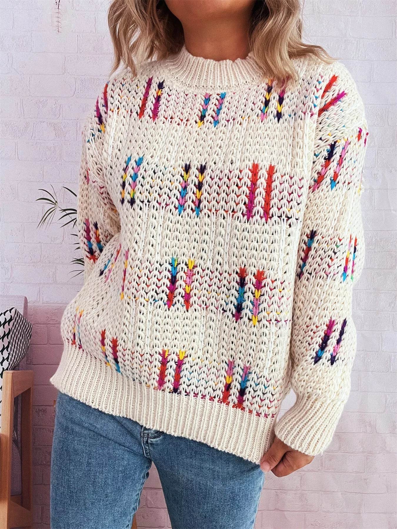 Colorful Round Neck Long Sleeve Sweater - ELY VESSA LLC