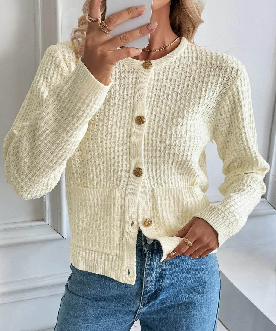Button-Up Long Sleeve Cardigan with Pockets - ELY VESSA LLC