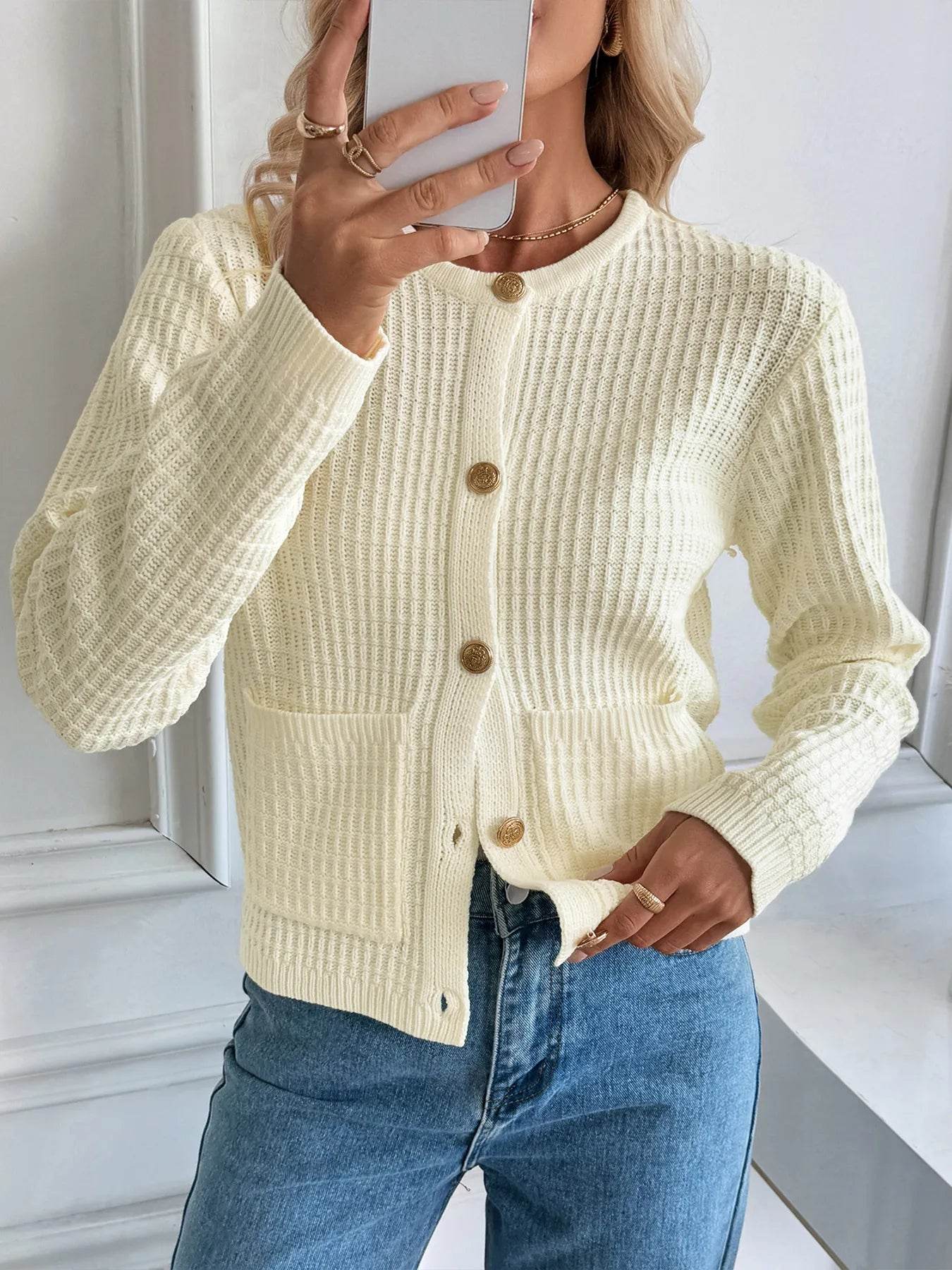 Button-Up Long Sleeve Cardigan with Pockets - ELY VESSA LLC