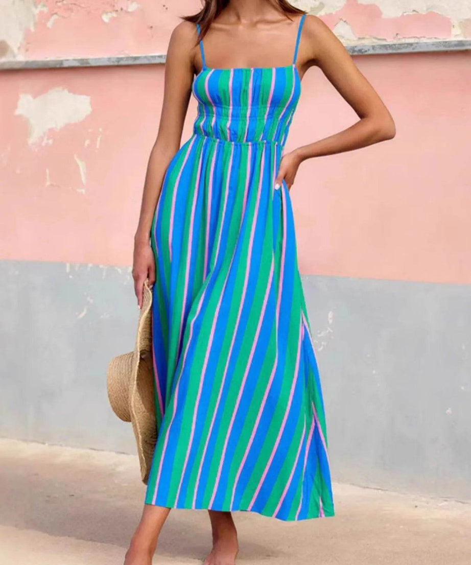 Striped Spaghetti Strap Summer Maxi Dress - ELY VESSA LLC