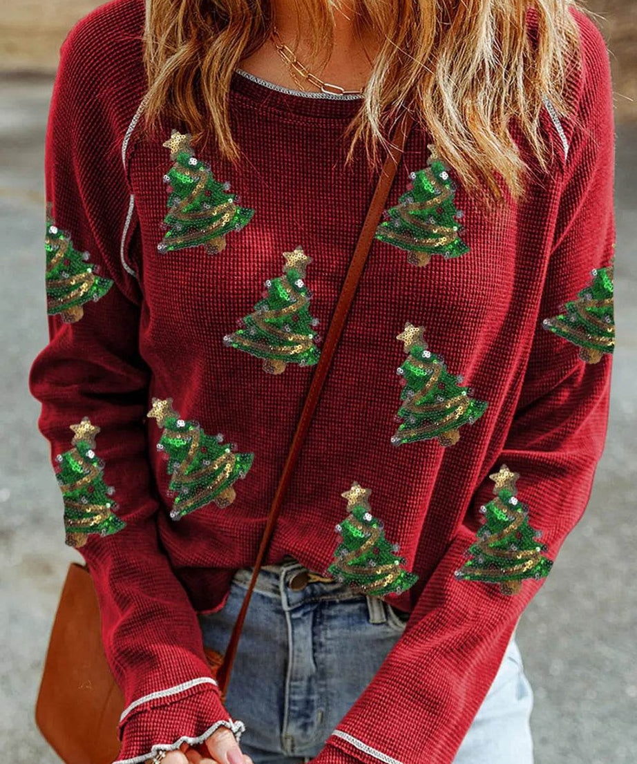 Christmas Tree Sequin Waffle Knit Long Sleeve Sweatshirt - ELY VESSA LLC