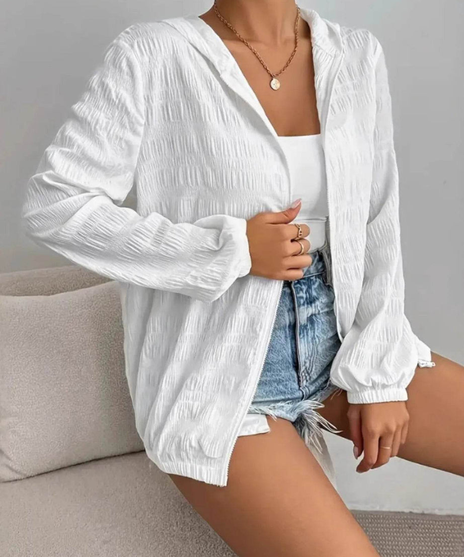 Zip Up Long Sleeve Hooded Outerwear - ELY VESSA LLC