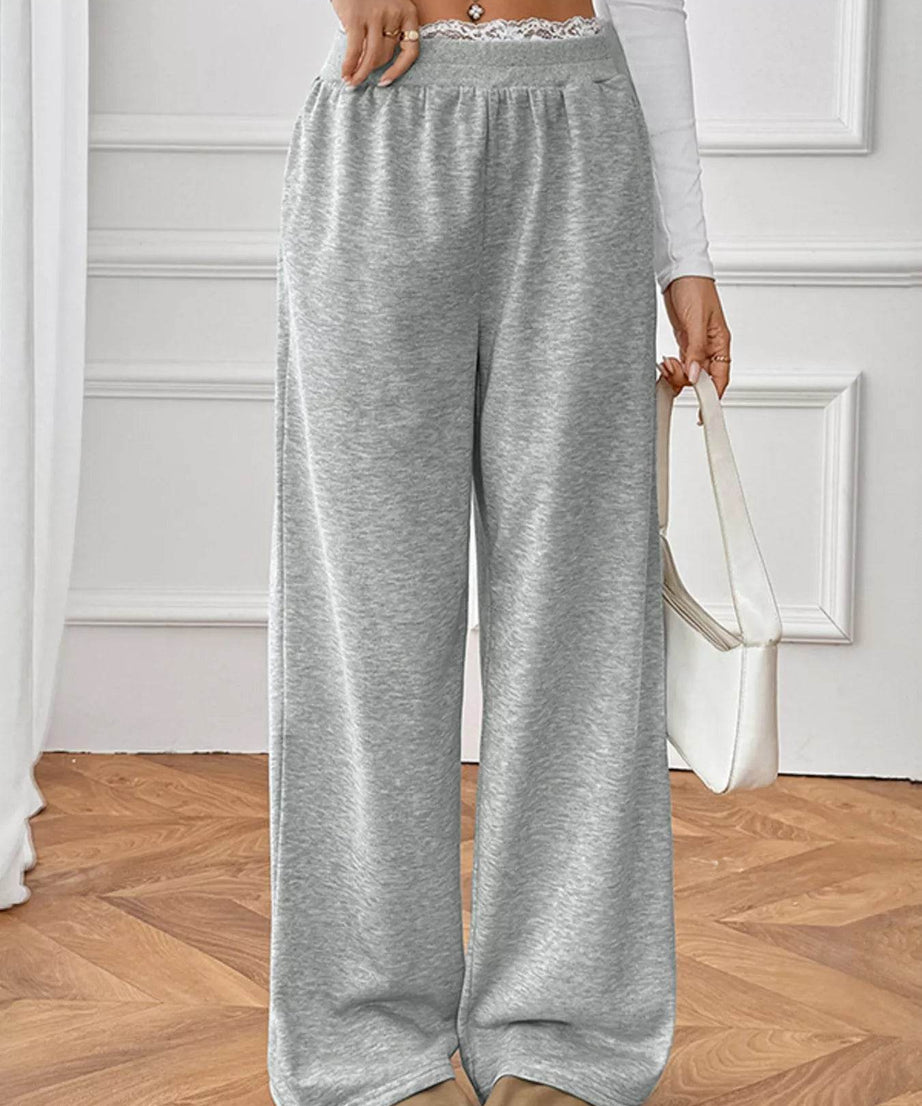 Lace Detail Wide Leg Casual Pants - ELY VESSA LLC