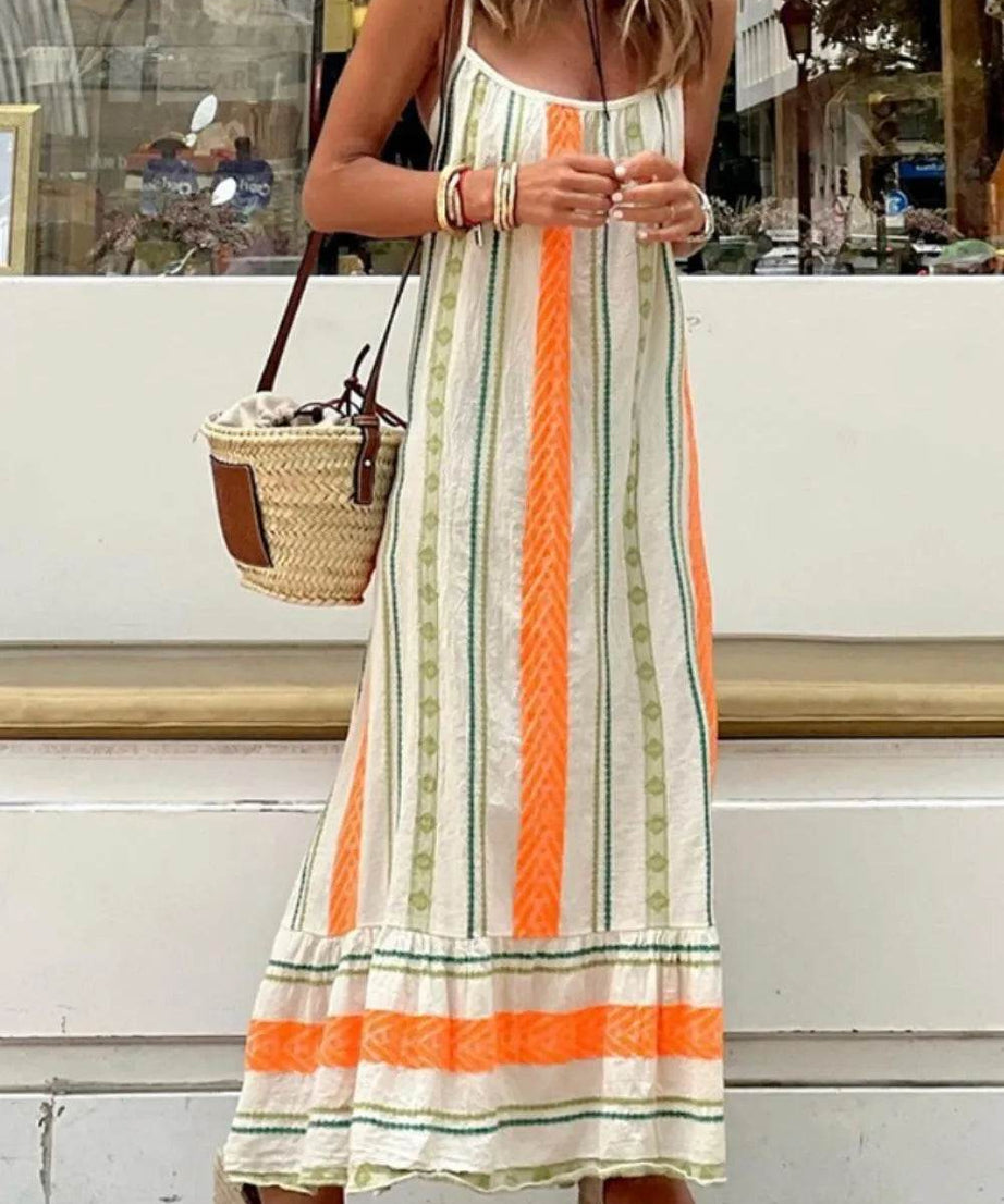 Striped Ruffled Maxi Cami Dress - ELY VESSA LLC