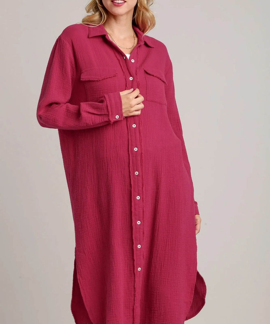Umgee Cotton Gauze Button Down Shirt Dress - ELY VESSA LLC