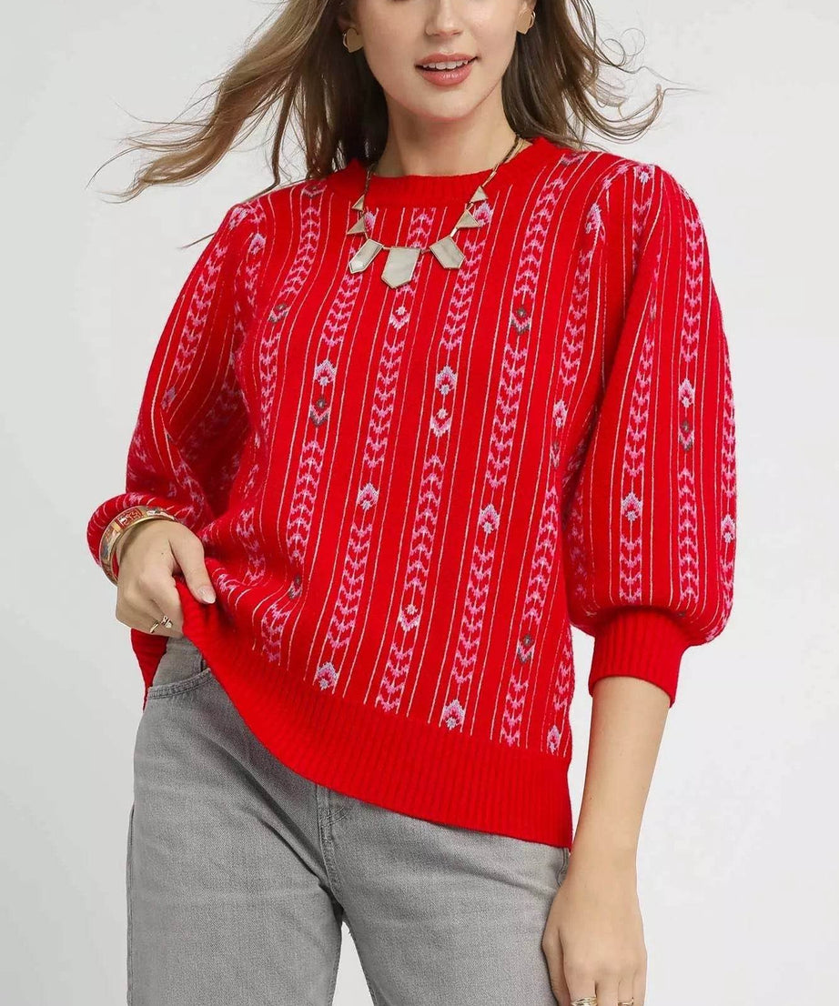 Umgee Jacquard Knit Puff Sleeve Sweater - ELY VESSA LLC
