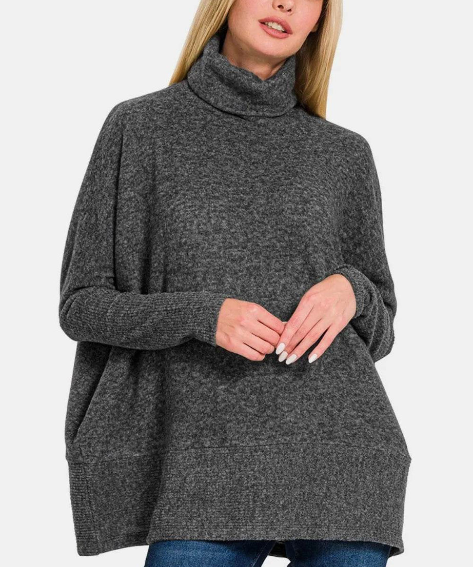 Zenana Full Size Brushed Melange Hacci Turtleneck Sweater - ELY VESSA LLC