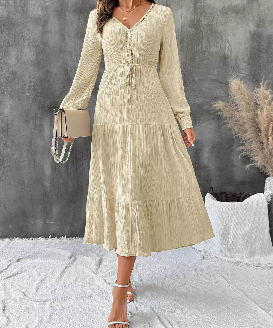 Tiered V-Neck Long Sleeve Dress - ELY VESSA LLC