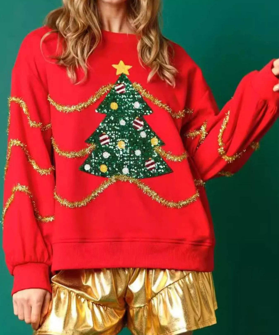 Christmas Tree Round Neck Sweatshirt - ELY VESSA LLC