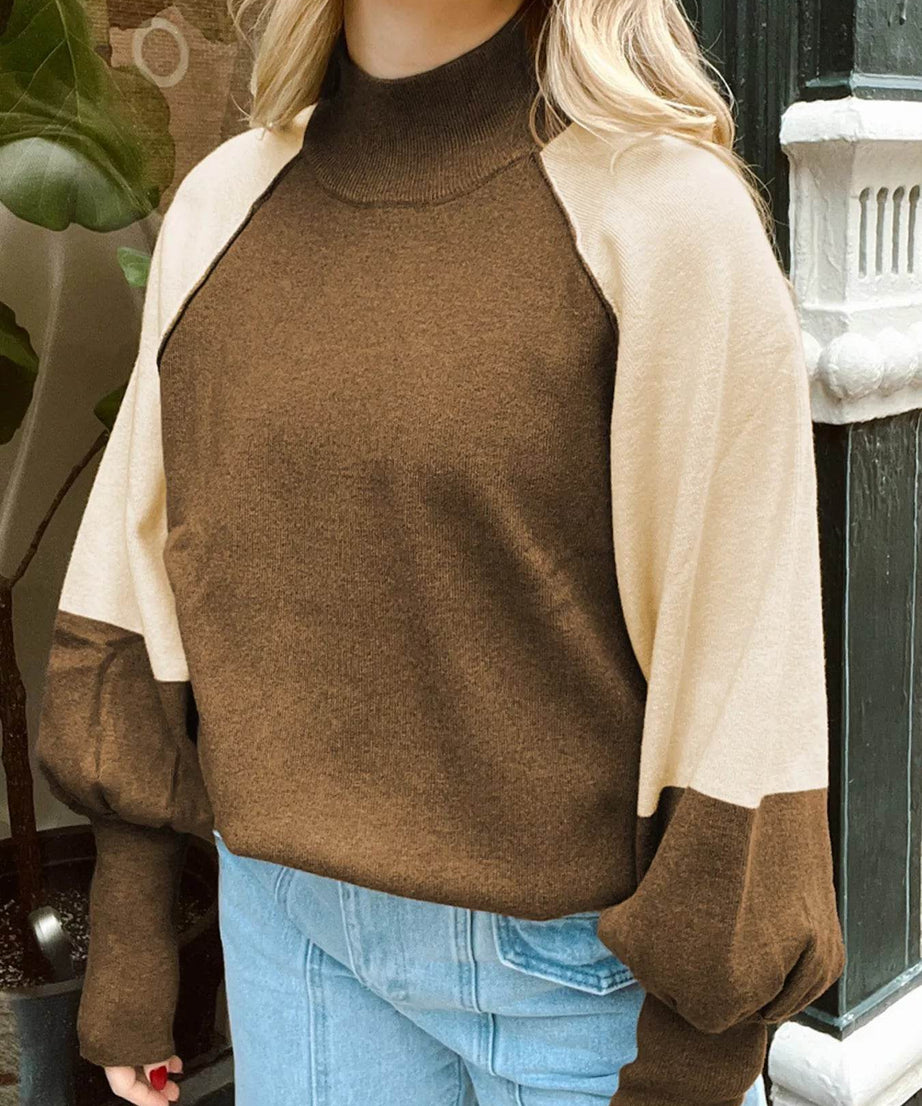 Color Block Mock Neck Long Sleeve Sweater - ELY VESSA LLC