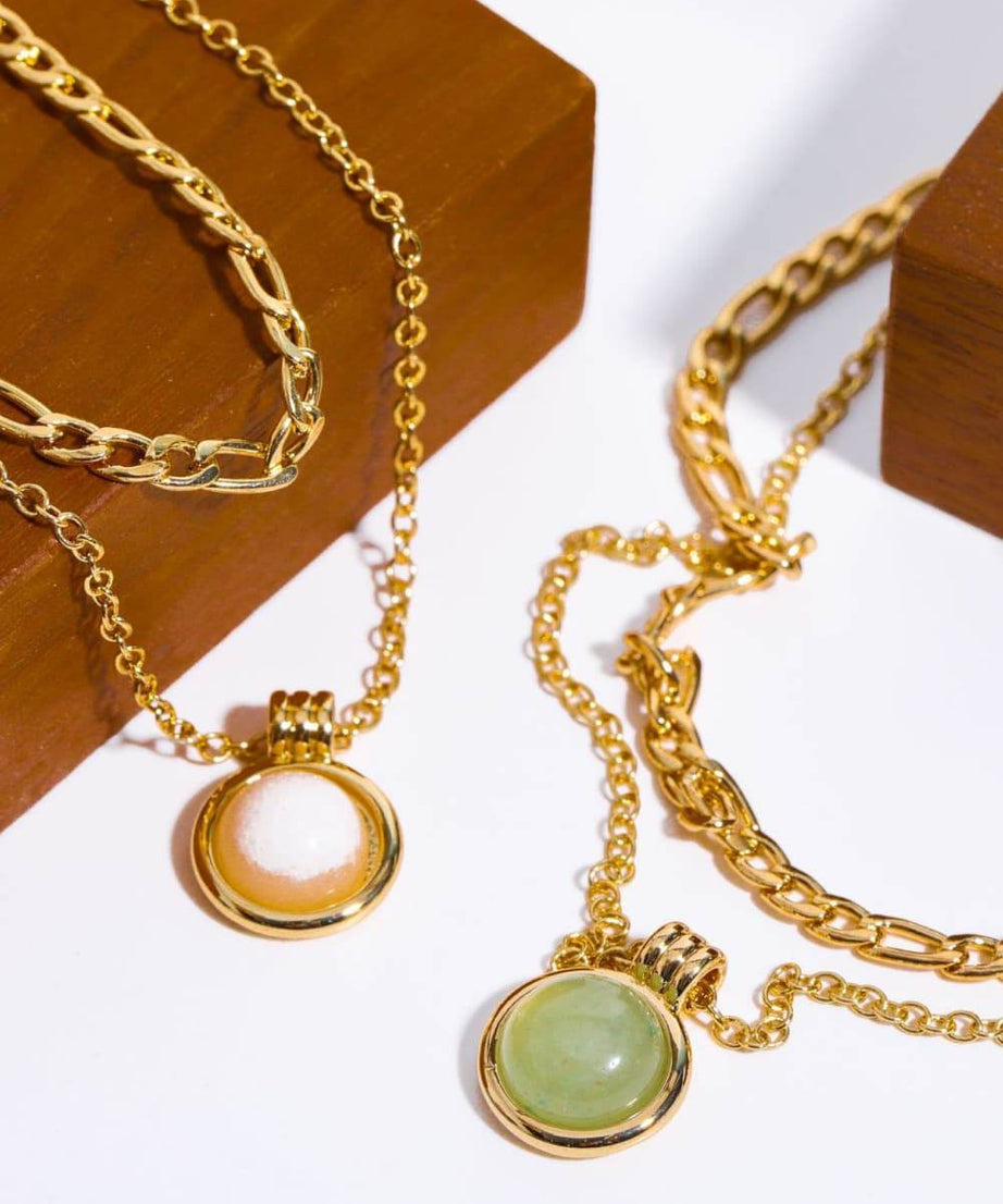 Copper 14K Gold-Plated Round Shape Aventurine Pendant Necklace - ELY VESSA LLC