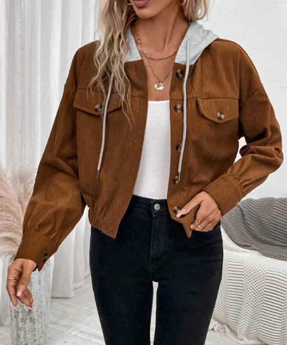 Button Up Drawstring Hooded Jacket - ELY VESSA LLC