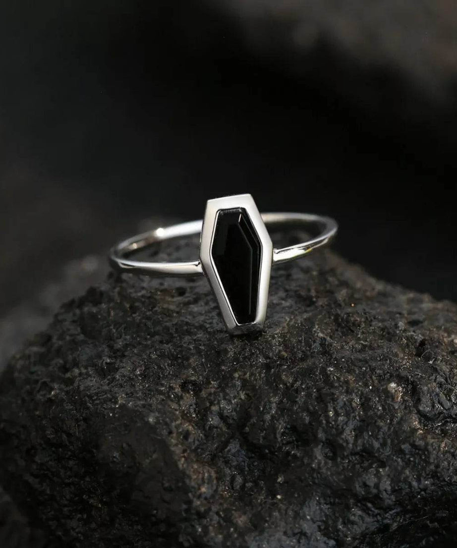 925 Sterling Silver Black Agate Geometric Ring - ELY VESSA LLC