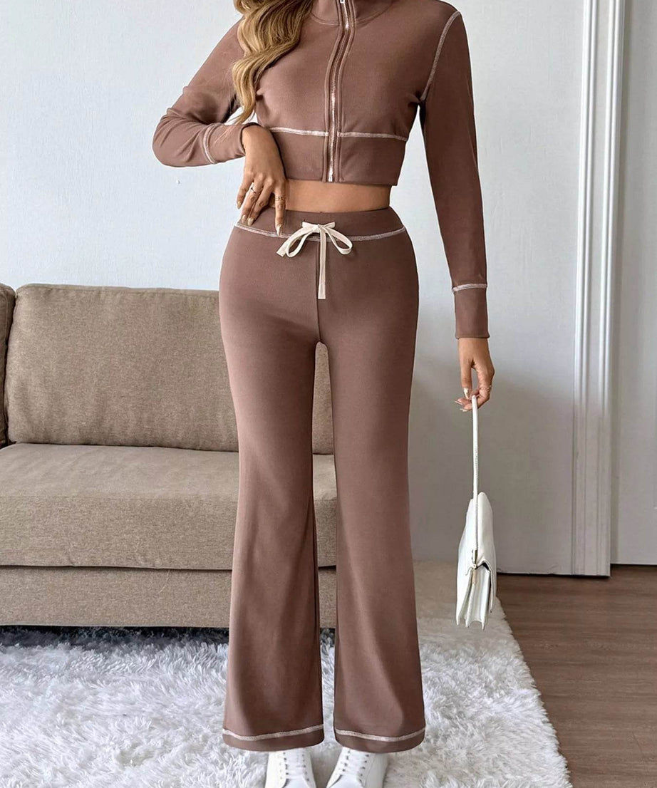 Zip Up Long Sleeve Top and Pants Set - ELY VESSA LLC