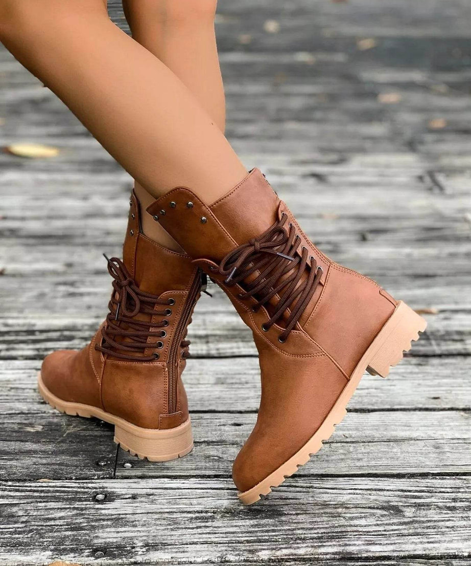 Round Toe Block Heels Boots - ELY VESSA LLC