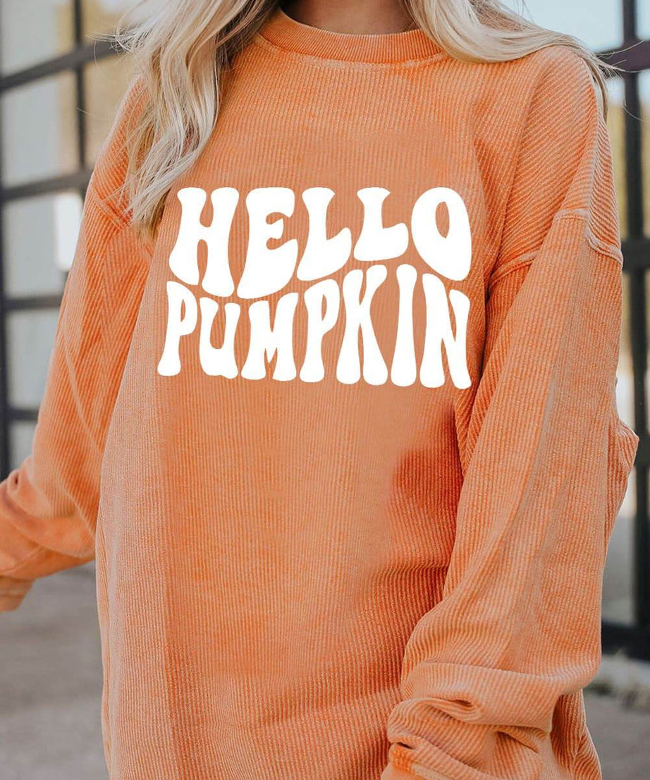 Round Neck Dropped Shoulder HELLO PUMPKIN Graphic Sweatshirt - ELY VESSA LLC