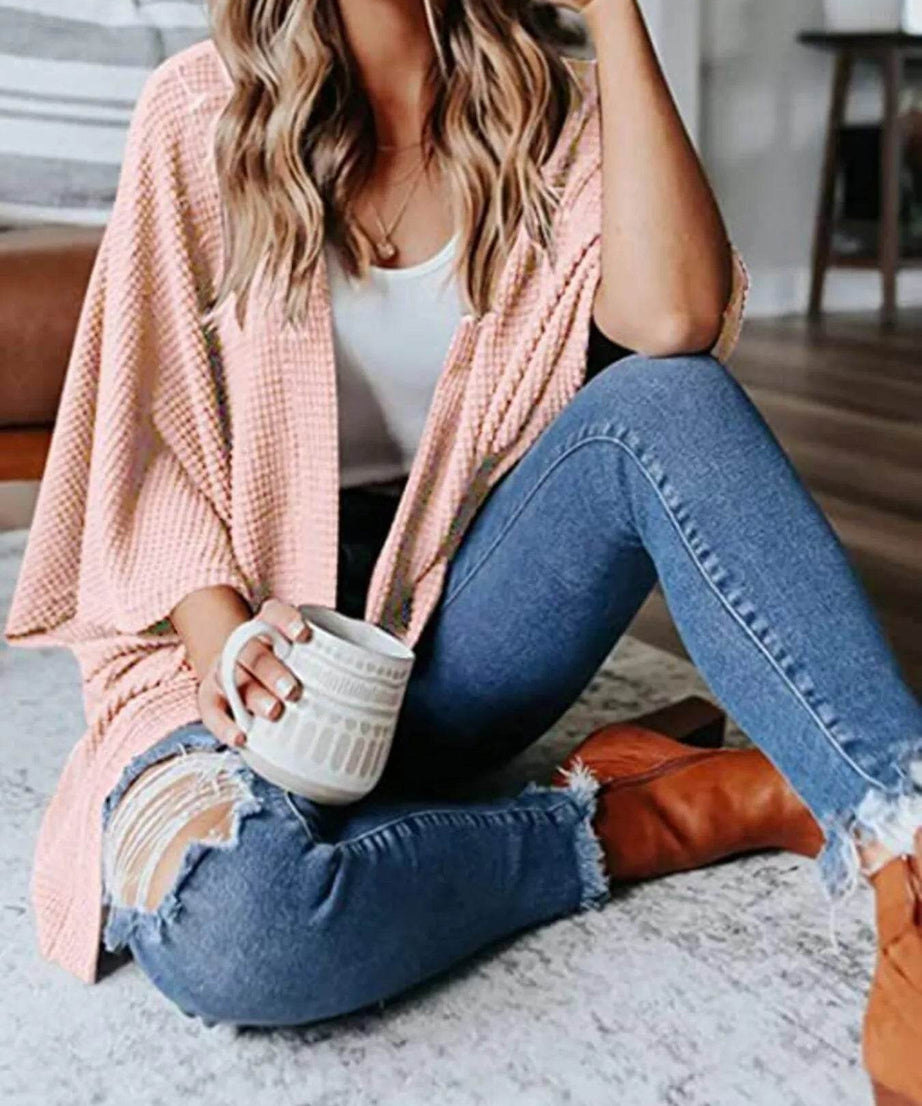 Full Size Open Front Waffle Knit Cardigan Plus Size - ELY VESSA LLC
