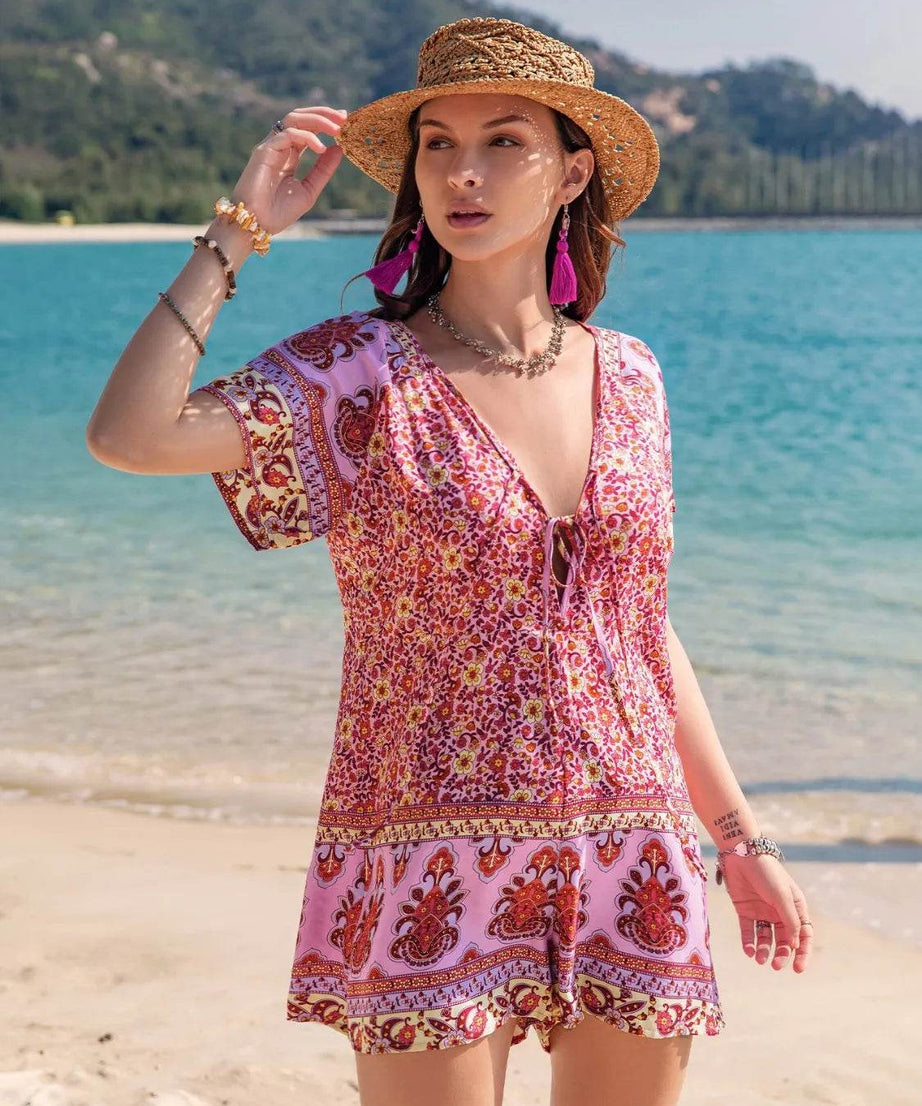 Printed V-Neck Short Sleeve Romper - ELY VESSA LLC