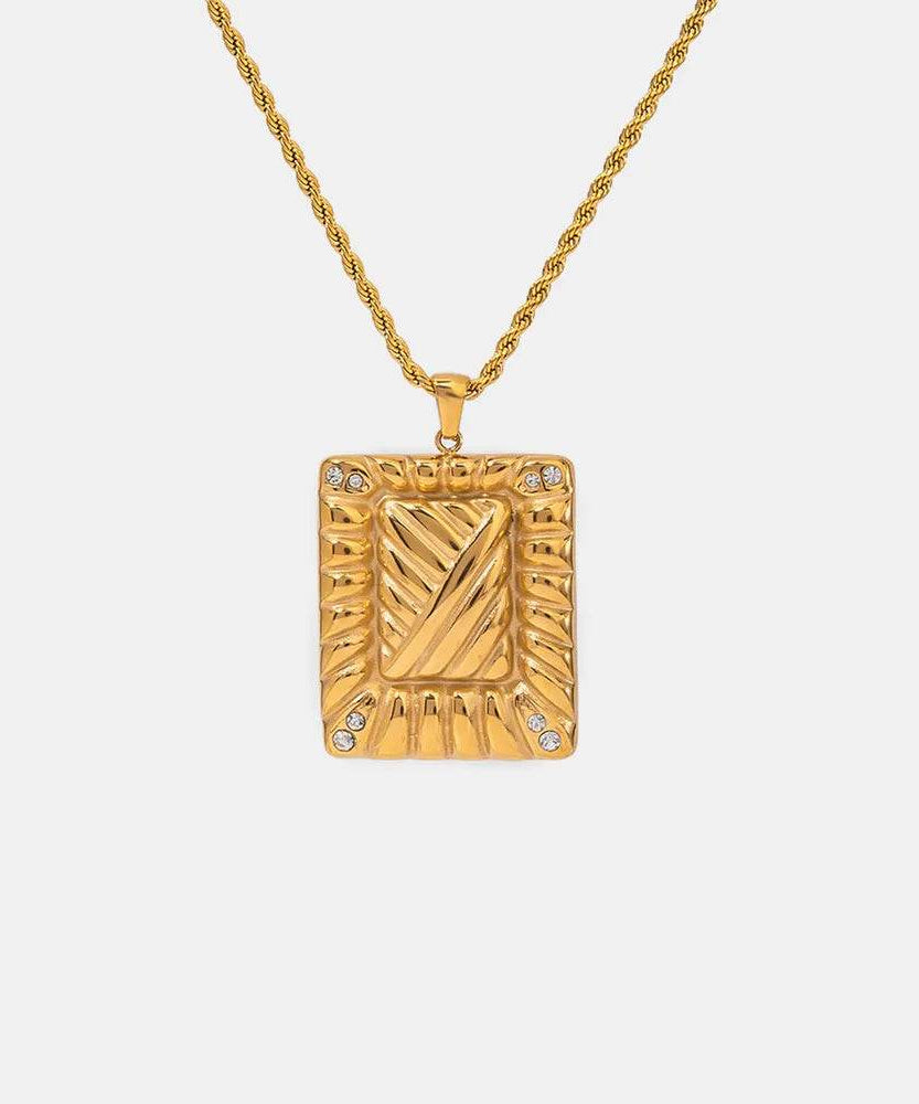 Stainless Steel Inlaid Rhinestone Rectangle Shape Pendant Necklace - ELY VESSA LLC