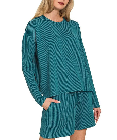 Zenana Corded Rib Long Sleeve Tee and Shorts Set - ELY VESSA LLC