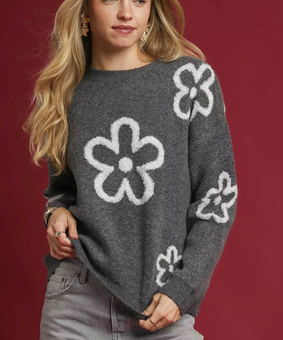 Umgee Round Neck Sweater with Pink Floral Accents - ELY VESSA LLC