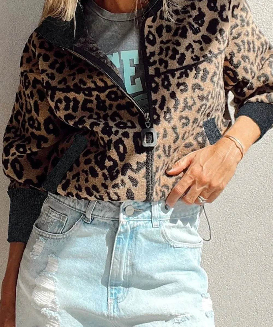 Leopard Zip Up Long Sleeve Jacket - ELY VESSA LLC