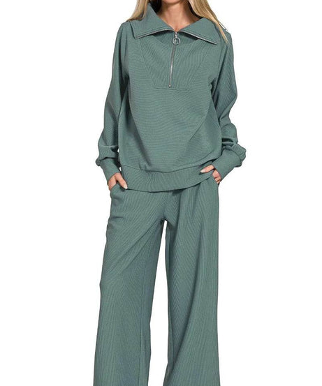 Zenana Ribbed High Neck Half Zip Pullover & Pants Set - ELY VESSA LLC