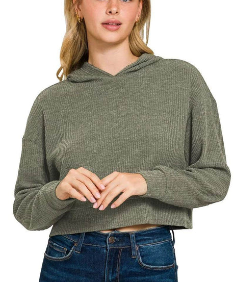 Zenana Drop Shoulder Ribbed Crop Hoodie - ELY VESSA LLC