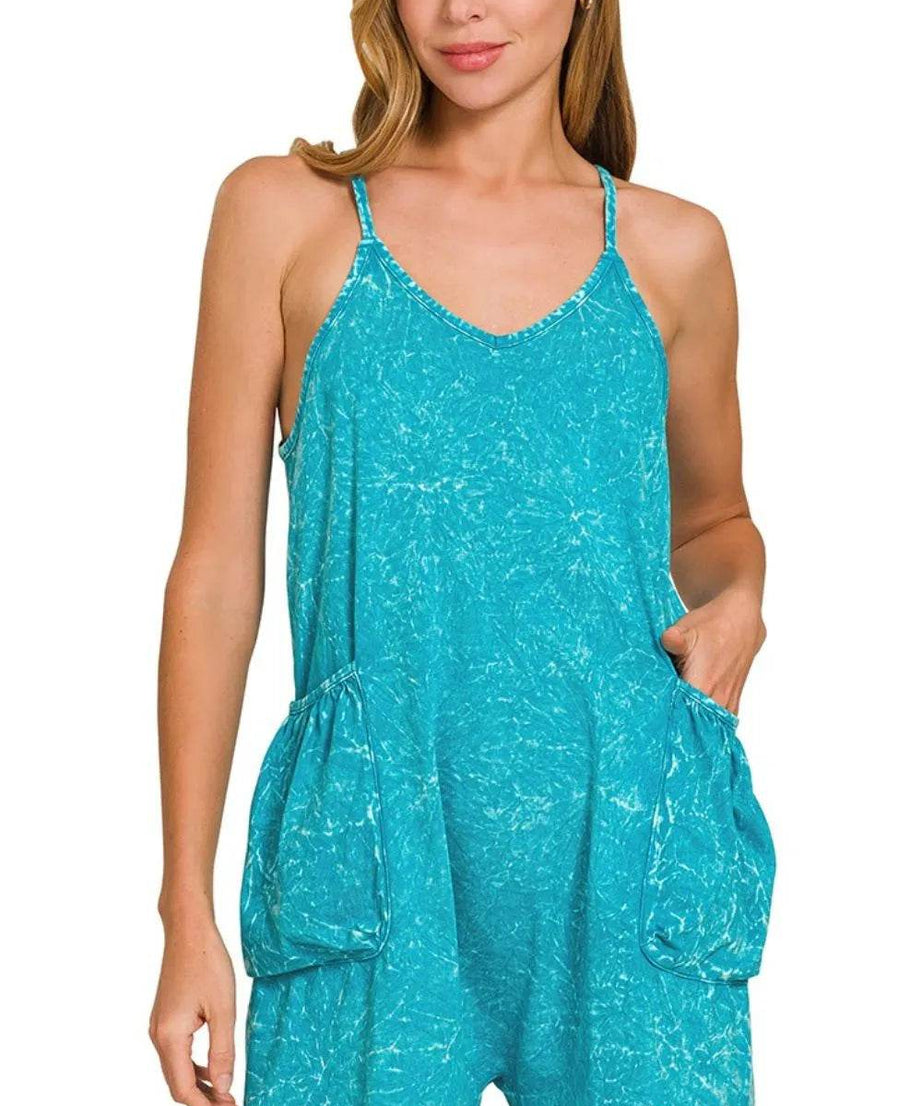 Zenana Acid Crinkle Washed Spaghetti Strap Romper - ELY VESSA LLC