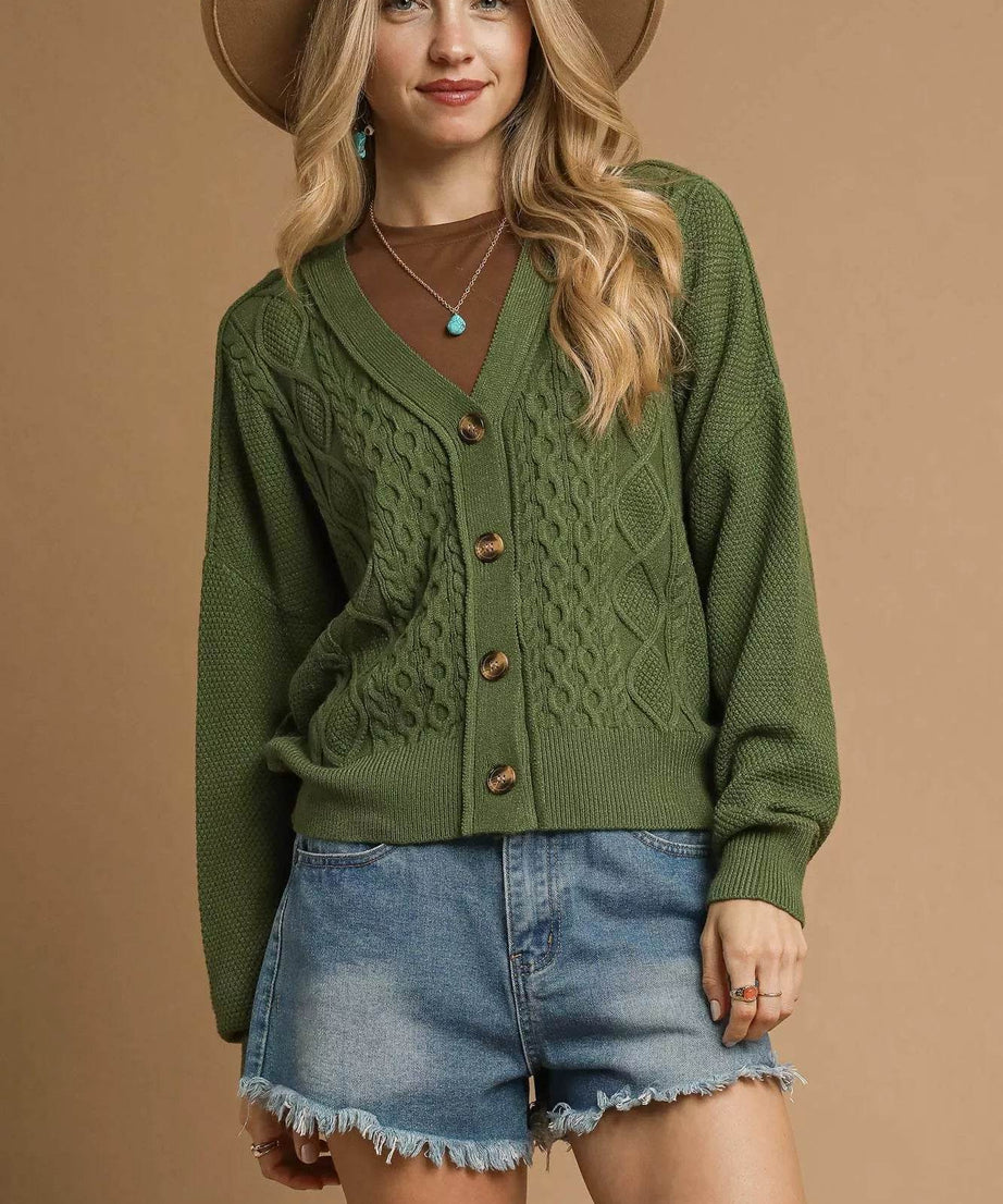 Umgee Chunky Cable Knit V-Neck Button-Up Cardigan - ELY VESSA LLC