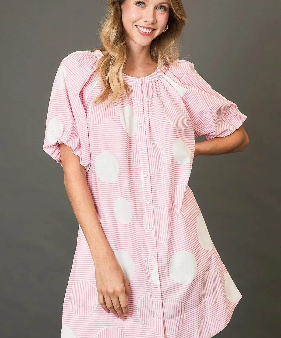 Umgee Stripe and Dot Print Button Down Puff Sleeve Mini Dress - ELY VESSA LLC